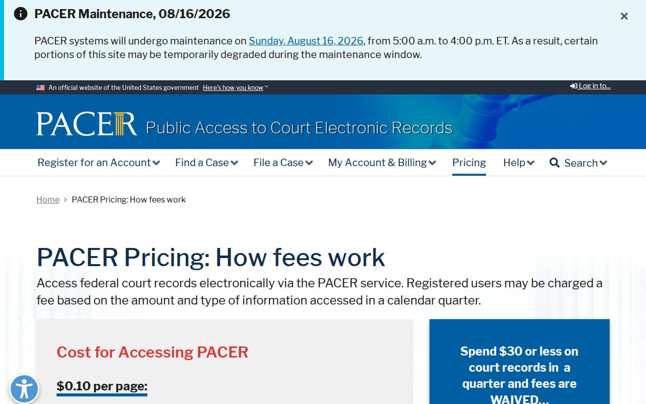 Randolph County federal court records PACER fee information